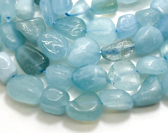 Blue Aquamarine Beads, Natural Aquamarine Polished Nugget Pebble Round Barrel Gemstone Beads - PG318