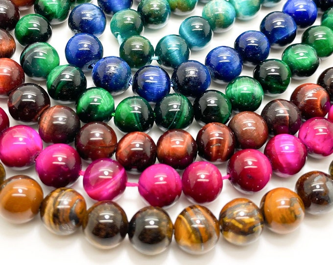 AAA Tiger's Eye Beads, Yellow Blue Navy Red Green Pink Tiger Eye Polished Smooth Round 4mm 6mm 8mm 10mm 12mm Gemstone Beads - RN106