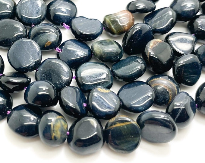 Blue Tiger Eye Beads, Natural Navy Tiger's Eye Polished Nugget Pebble Round Barrel Gemstone Beads - PG318