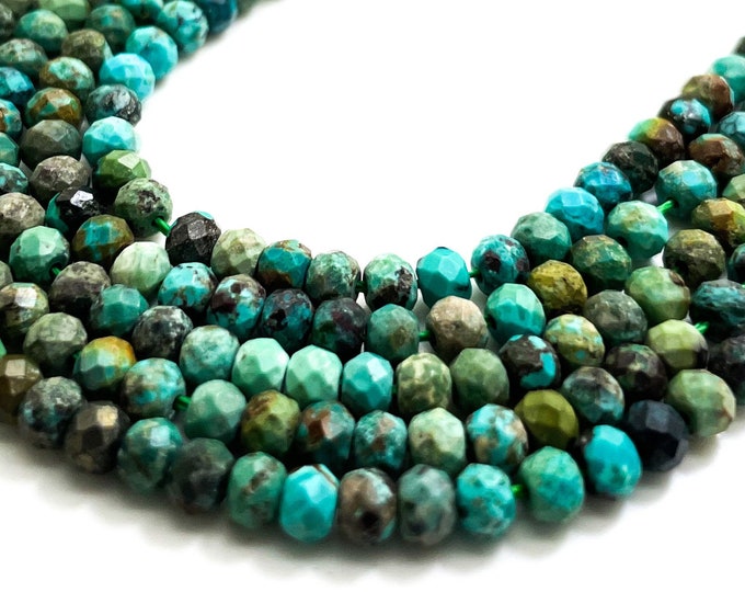Natural Turquoise, Genuine Hubei Blue Turquoise Faceted Rondelle 3mm x 4mm Gemstone Beads - RDF96C