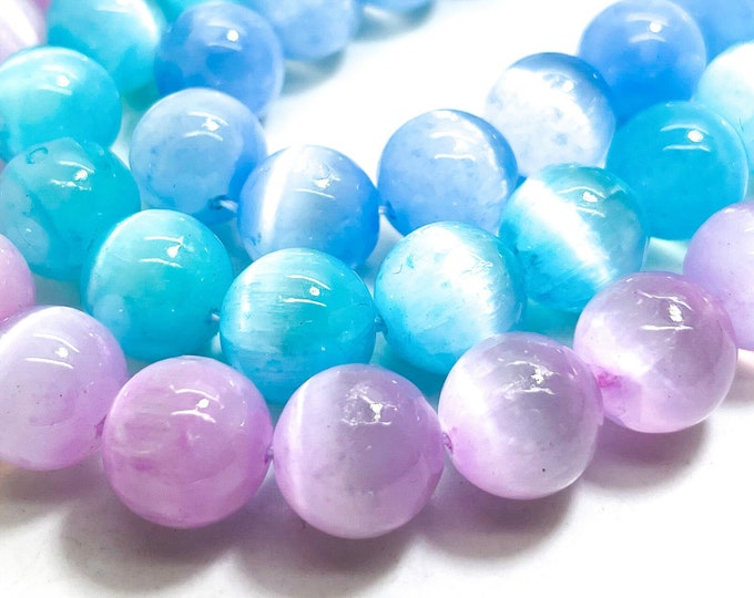 AAA Rare Genuine Natural Selenite Polished Smooth Round Gemstone Beads (Turquoise Blue Purple) - PG17