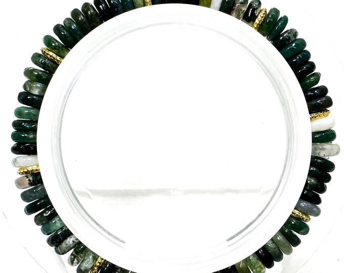 Handmade Green Moss Agate Bracelet: Gemstone Beads with Gold Accents - PGB8R24