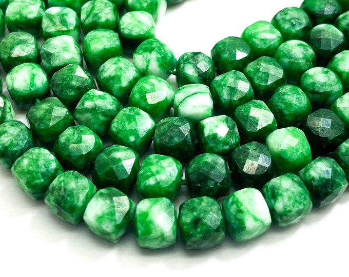 Natural Green Mountain Jade Square Cube Faceted Size 7mm Gemstone Beads - PGS262