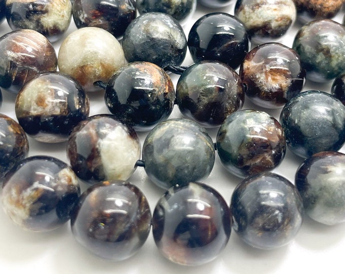 Black Muscovite Beads, Natural Black Muscovite Polished Smooth 11mm Round Gemstone Beads - RN166