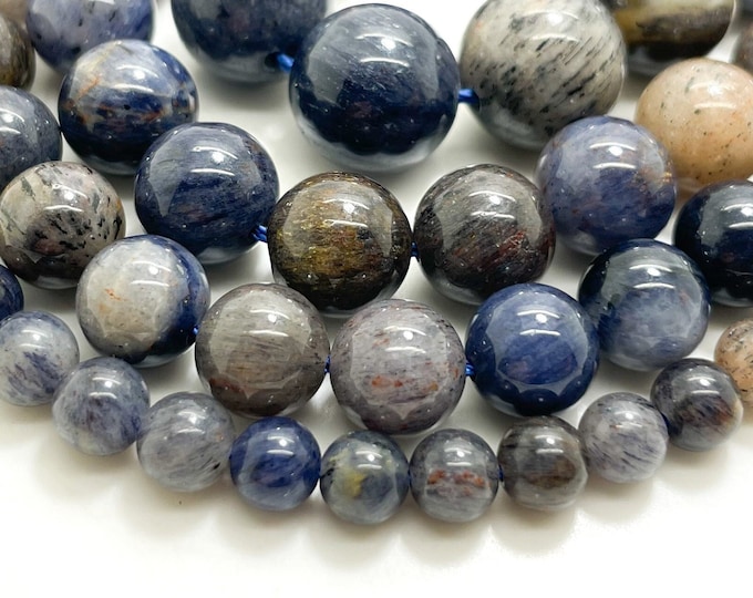 Genuine Natural Blue Sapphire Polished Smooth Round 6mm 8mm 10mm 12mm Gemstone Beads - RN176