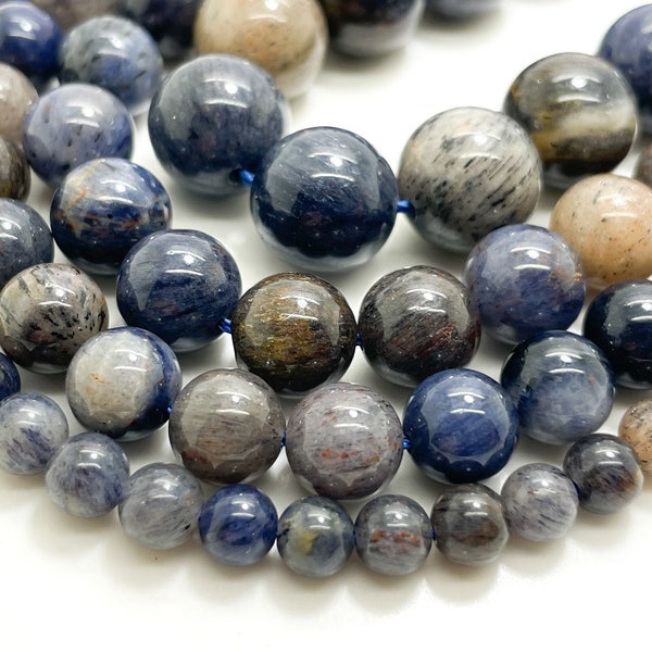 Genuine Natural Blue Sapphire Polished Smooth Round 6mm 8mm 10mm 12mm Gemstone Beads - RN176