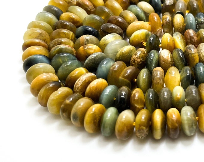Tiger's Eye Beads, Natural High Quality Blue Gold Tiger Eye Smooth Polished Rondelle Round Flat Gemstone Beads - PG156