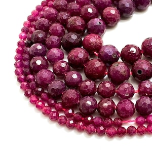 Genuine Red Ruby Beads, Natural Burma Myanmar Ruby Faceted Round Gemstone Beads - PG56C