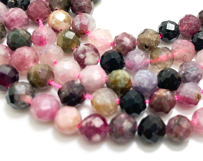 Natural Tourmaline Gemstone Beads, Rainbow Water Tourmaline Faceted Round 4mm 5mm 6mm Gemstone Beads - RNF14