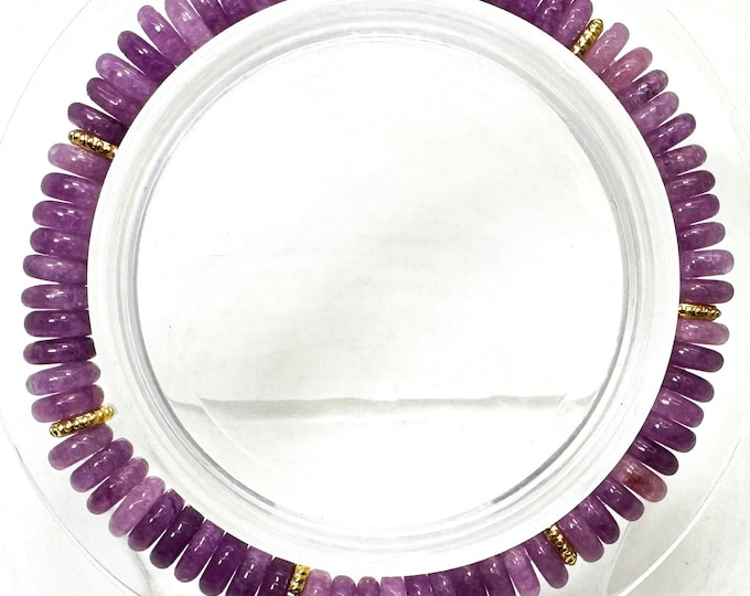 Handmade Purple Lepidolite Rondelle Bracelet 6.5" – 6mm Gemstone Beads with Gold Spacers - PGB8R28