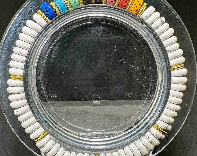 White Howlite & Chakra Lava Rock Bracelet 6mm Gemstone Beads – Handmade Stretch Jewelry - PGB8R16