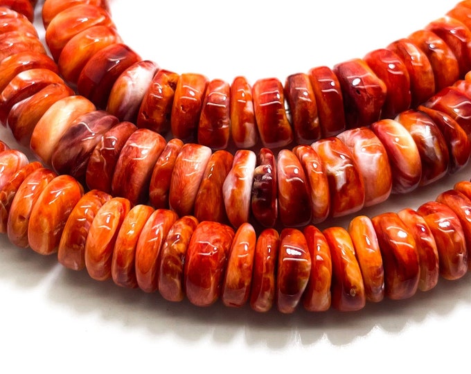 AAA Natural Orange Red Spiny Oyster Rondelle Disc Polished 12mm Assorted Size Beads - PG265C