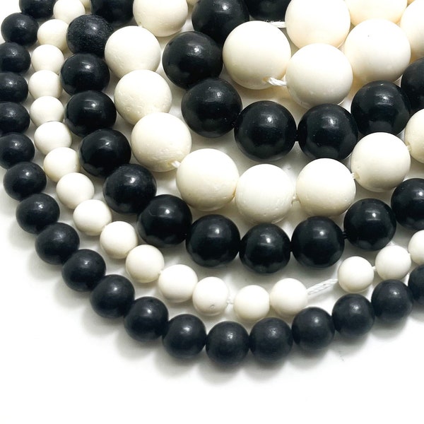 Perles en os de buffle véritable blanc noir poli et lisse 12 mm 10 mm 8 mm 6 mm - RN165