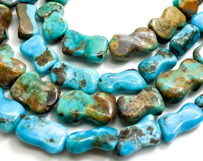 Natural Turquoise Beads, Genuine (Blue / Green) Arizona Turquoise Polished Smooth Flat Bone Nugget Gemstone Beads (Assorted Size) - PGS282