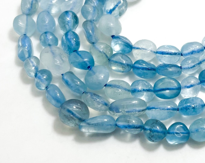 Blue Aquamarine Beads, Natural AA Aquamarine Polished Smooth Pebble Round Oval Gemstone Beads - PG268