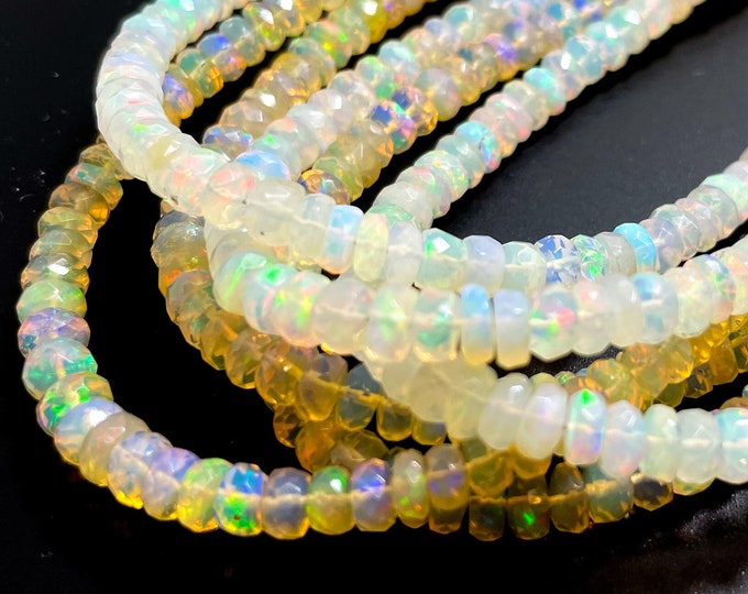 Ethiopian Opal, AAAA Genuine Natural (White, Gold) Rainbow Fire Ethiopian Opal Faceted Rondelle 1mm x 3mm ~ 2mm x 4mm Gemstone Beads - RDF99