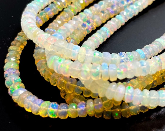 Ethiopian Opal, AAAA Genuine Natural (White, Gold) Rainbow Fire Ethiopian Opal Faceted Rondelle 1mm x 3mm ~ 2mm x 4mm Gemstone Beads RDF99A
