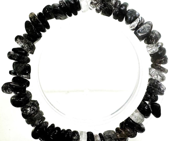 Natural Black Hair Rutilated Quartz Gemstone Free form Chips 7" Handmade Elastic Cord Beaded Bracelet - PGB243
