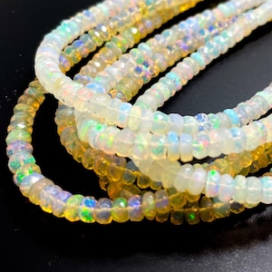 Ethiopian Opal, AAAA Genuine Natural (White, Gold) Rainbow Fire Ethiopian Opal Faceted Rondelle 1mm x 3mm ~ 2mm x 4mm Gemstone Beads RDF99A