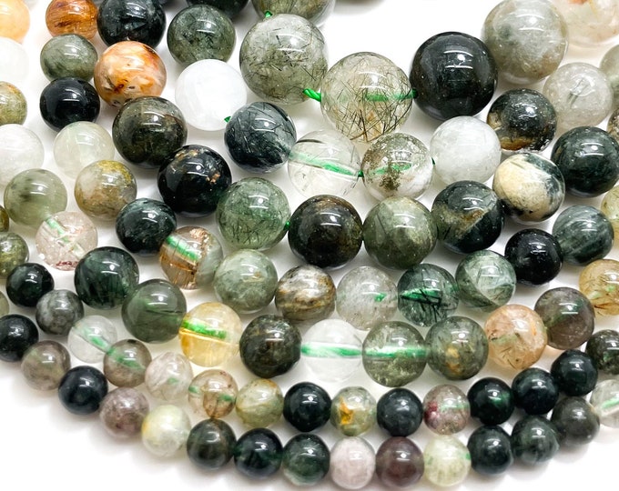 AAA Green Rutilated Quartz Smooth Polished 4mm 6mm 8mm 10mm Natural Gemstone Beads - RN167