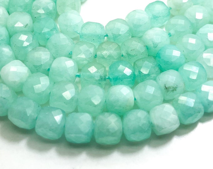 Natural Green Amazonite Square Cube Faceted Size 7mm Gemstone Beads - PGS262