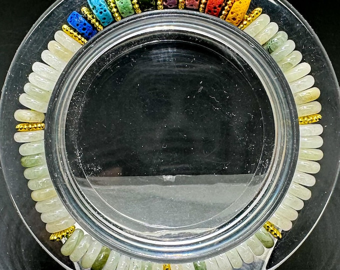 6.5" Green Jade & Chakra Lava Rock Bracelet – Handmade Elastic Cord, 6mm - PGB8R12