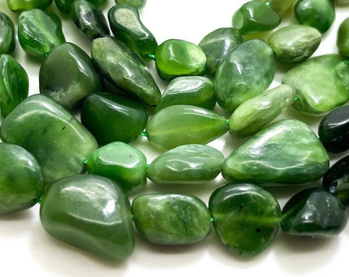 Green Nephrite Jade Beads, Natural Nephrite Jade Polished Nugget Pebble Round Barrel Gemstone Beads - PG318