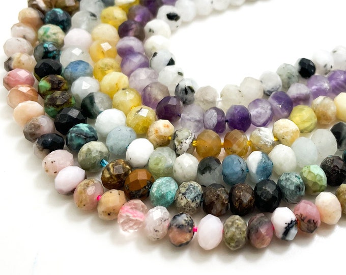 Natural Amethyst Aquamarine Moonstone Turquoise Pink Yellow Opal Matte Faceted 4mm x 6mm Rondelle Gemstone Beads - RDF46