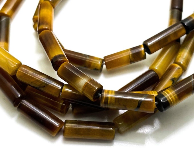 Natural Tiger's Eye Polished Cylinder Tube 4mm x 12mm ~ 4mm x 13mm Gemstone Beads - PGS52