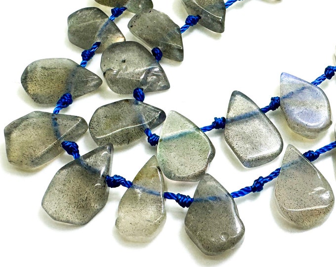 Natural Gray Labradorite Teardrop Pear Smooth Flat Gemstone Beads - PGS172