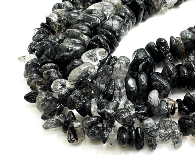 Natural Rutilated Quartz Beads, Black Hair Rutilated Quartz Pebble Chips Nugget Assorted Size Natural Gemstone Beads - PGS116