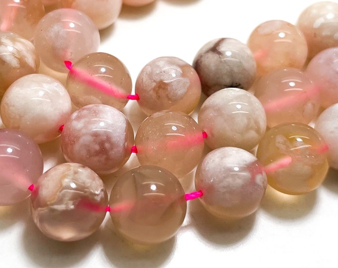 Pink Agate Beads, Natural Cherry Blossom Agate Smooth Round Sphere Ball Gemstone Beads - RN107