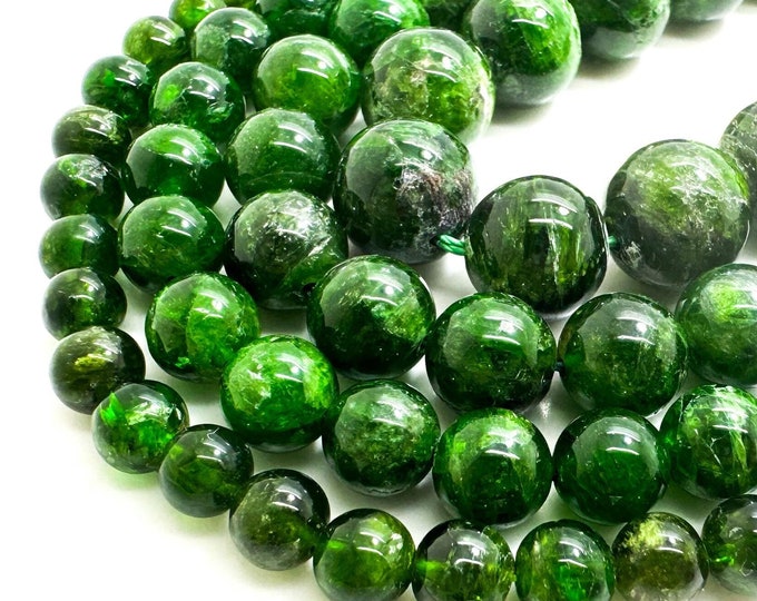 Real Genuine Natural Chrome Diopside Green Smooth Polished 6mm 8mm 10mm Gemstone Beads - RN154
