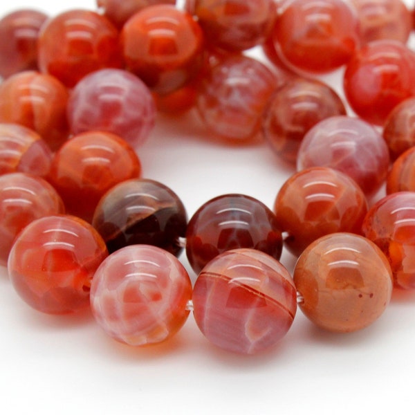 Fire Agate Beads, Natural Smooth Round Ball Sphere Agate Gemstone  Beads - 6mm 8mm 10mm - 15.5" Strand - RN89