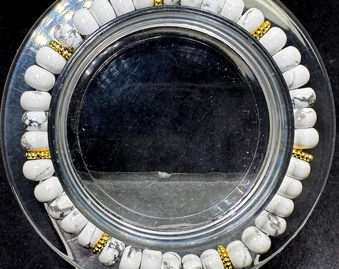 White Howlite Stretch Bracelet – 6mm Beads, 6.5" – Gold Spacer Accents – Calm • Patience • Stress Relief - PGB8R43