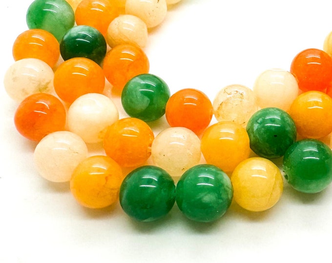 Creamy White Orange Green Jade Smooth Polished Round 8mm Gemstone Jewelry Making Beads - RN198O