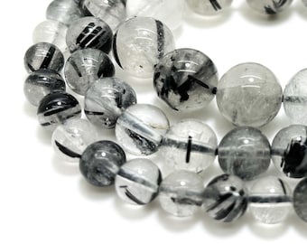 AAA Black Hair Tourmaline Beads, Natural Black Tourmaline Rutile Quartz Smooth Round Ball Sphere  Gemstone Beads - RN42A