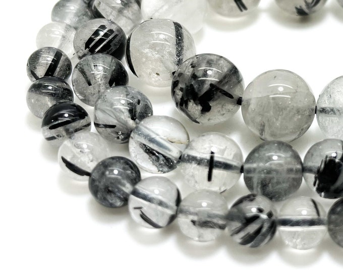AAA Black Hair Tourmaline Beads, Natural Black Tourmaline Rutile Quartz Smooth Round Ball Sphere  Gemstone Beads - RN42A