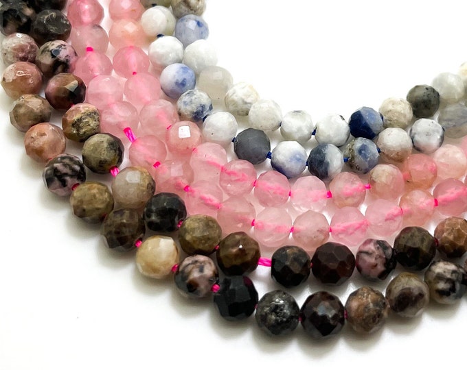 Natural 4mm Gemstone - (Sodalite, Rhodonite, Rose Quartz) Faceted Round Gemstone Beads Stone Rock - RNF117