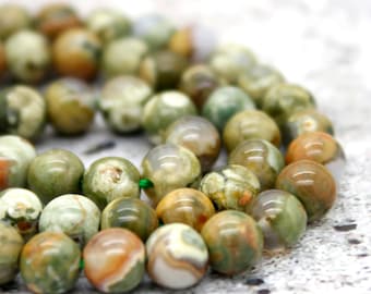 Natural Jasper Beads, Rhyolite Green Rain forest Jasper Smooth Round Gemstone Beads (4mm 6mm 8mm 10mm) - PG09