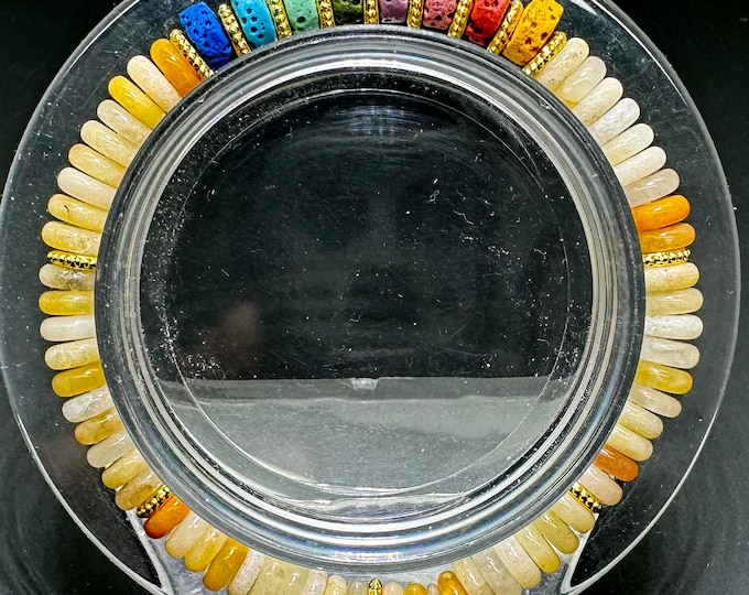 Yellow Opal & Chakra Lava Rock Bracelet – Handmade Stretch Beaded Jewelry - PGB8R14