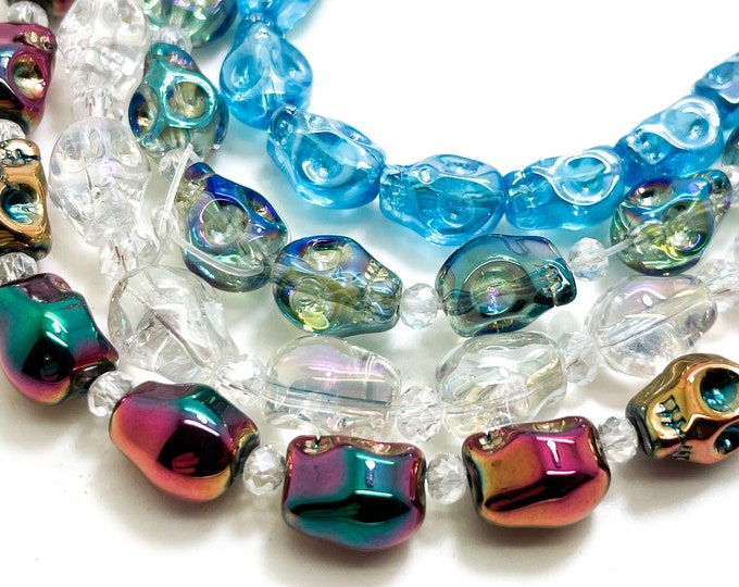 Skull Beads, Chinese Crystal Skull (Blue Turquoise Transparent Clear Rainbow) 8mm x 10mm Beads - PG315CC