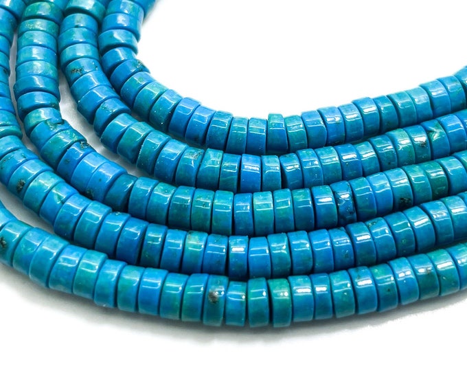 Genuine Blue Turquoise Beads, Natural Turquoise Rondelle Flat Disc Heishi Gemstone 2mm x 4mm Beads - RD28B