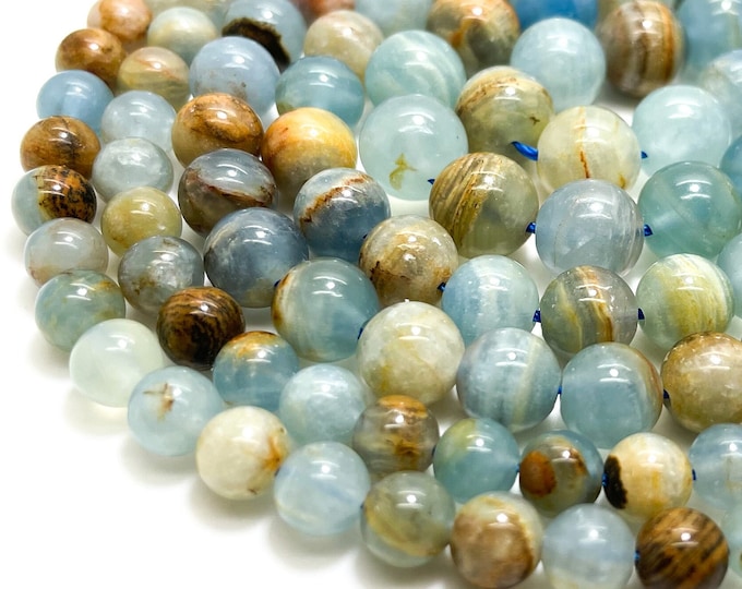 Natural Blue Lemurian Aquatine Calcite Smooth Round Beads 6mm 8mm 10mm Natural Gemstone Beads - RN28