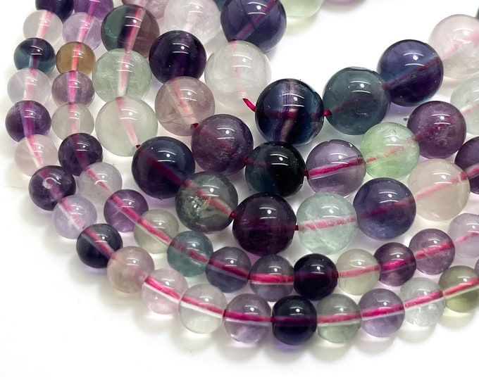 High Quality Fluorite, Multi Color Fluorite Natural Gemstone Polished Smooth Round 6mm 8mm 10mm Beads - RN65B