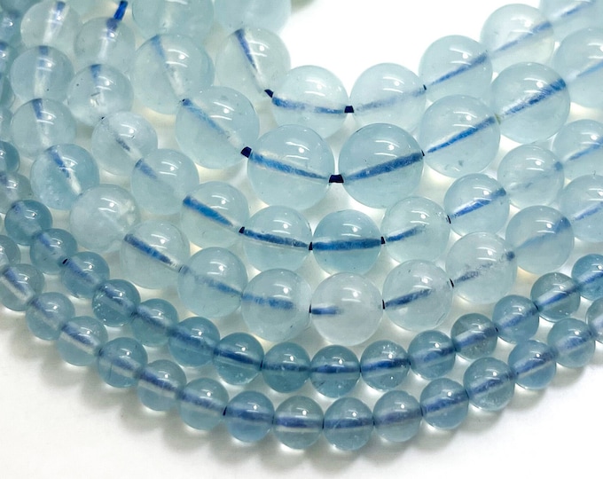 High Quality Blue Aquamarine Smooth Polished Round 4mm 6mm 8mm Gemstone Beads - RN195