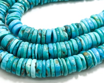 Natural Turquoise Beads, Genuine Arizona Kingman Turquoise Smooth Polished Rondelle Flat Round Disc Gemstone Beads (Assorted Size) - PGS234