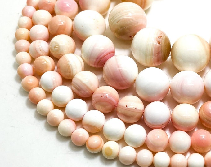 AAA Queen Conch, Natural Pink Queen Conch Shell Smooth Round Ball Sphere Gemstone Beads - RN114
