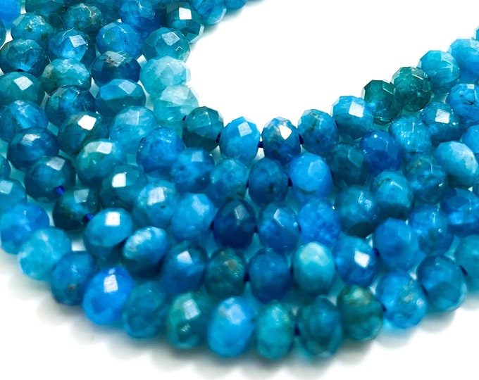 Natural Apatite Beads, Faceted Rondelle 4mm x 5mm Blue Apatite Gemstone Beads - RDF73
