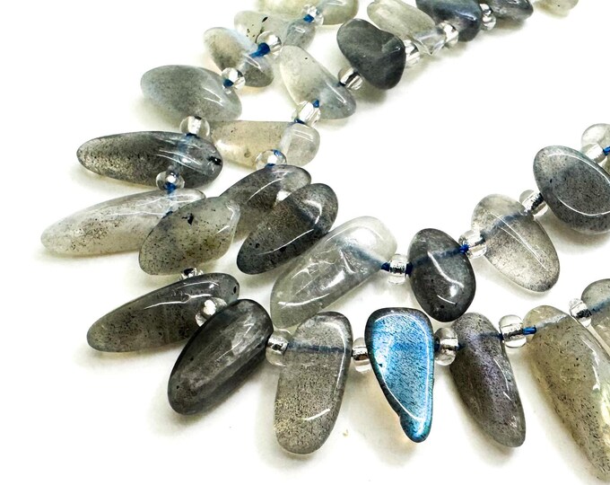 Natural Gray Labradorite Freeform Chip Irregular Slab Flat Shapes Stick Gemstone Beads - PGS214